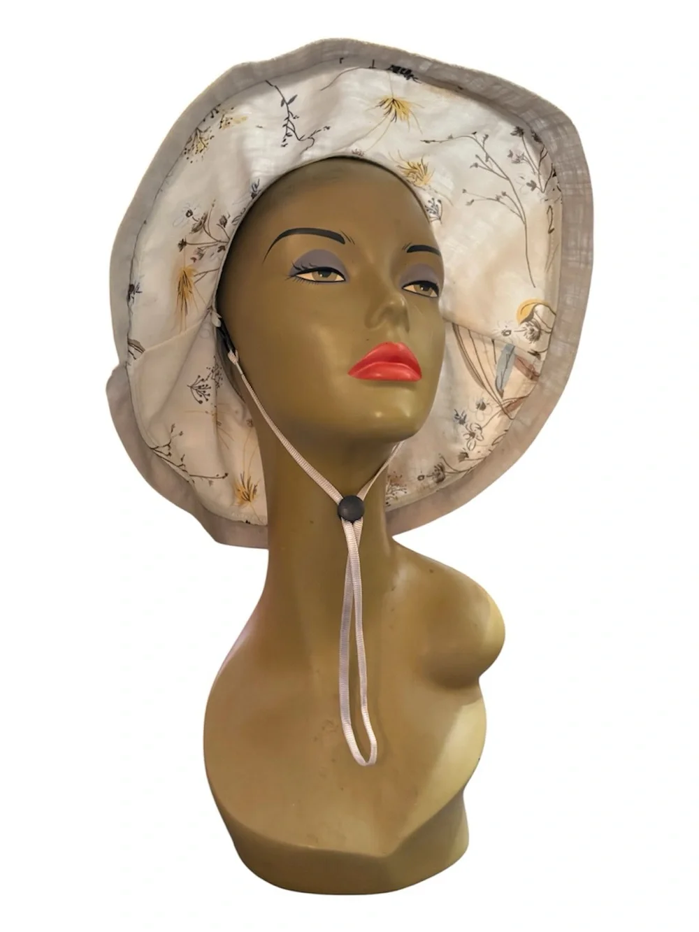 Floral Print Wide-Brim Sun Hat — Beige & Cream with Tie Strap - Picture 1 of 6
